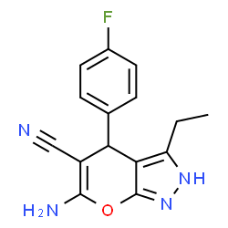 ChemSpider 2D Image | 6-Amino-3-ethyl-4-(4-fluorophenyl)-2,4-dihydropyrano[2,3-c]pyrazole-5-carbonitrile | C15H13FN4O