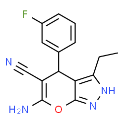 ChemSpider 2D Image | 6-Amino-3-ethyl-4-(3-fluorophenyl)-2,4-dihydropyrano[2,3-c]pyrazole-5-carbonitrile | C15H13FN4O