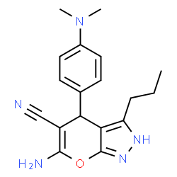 ChemSpider 2D Image | 6-Amino-4-[4-(dimethylamino)phenyl]-3-propyl-2,4-dihydropyrano[2,3-c]pyrazole-5-carbonitrile | C18H21N5O