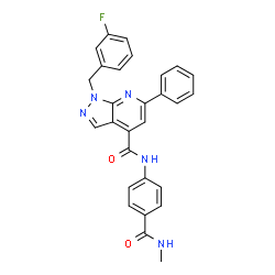 ChemSpider 2D Image | 1-(3-Fluorobenzyl)-N-[4-(methylcarbamoyl)phenyl]-6-phenyl-1H-pyrazolo[3,4-b]pyridine-4-carboxamide | C28H22FN5O2