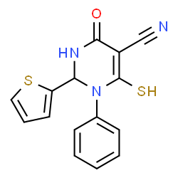 ChemSpider 2D Image | 4-mercapto-6-oxo-3-phenyl-2-thiophen-2-yl-1,2-dihydropyrimidine-5-carbonitrile | C15H11N3OS2