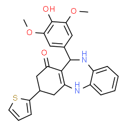 ChemSpider 2D Image | 11-(4-Hydroxy-3,5-dimethoxyphenyl)-3-(2-thienyl)-2,3,4,5,10,11-hexahydro-1H-dibenzo[b,e][1,4]diazepin-1-one | C25H24N2O4S