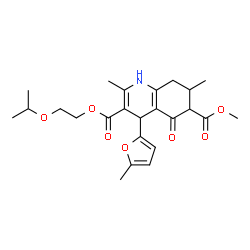ChemSpider 2D Image | 3-(2-Isopropoxyethyl) 6-methyl 2,7-dimethyl-4-(5-methyl-2-furyl)-5-oxo-1,4,5,6,7,8-hexahydro-3,6-quinolinedicarboxylate | C24H31NO7