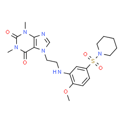 ChemSpider 2D Image | 7-(2-{[2-Methoxy-5-(1-piperidinylsulfonyl)phenyl]amino}ethyl)-1,3-dimethyl-3,7-dihydro-1H-purine-2,6-dione | C21H28N6O5S