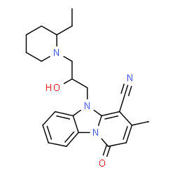 ChemSpider 2D Image | 5-[3-(2-Ethyl-1-piperidinyl)-2-hydroxypropyl]-3-methyl-1-oxo-1,5-dihydropyrido[1,2-a]benzimidazole-4-carbonitrile | C23H28N4O2