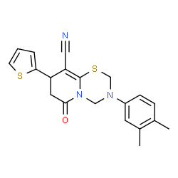 ChemSpider 2D Image | 3-(3,4-Dimethylphenyl)-6-oxo-8-(2-thienyl)-3,4,7,8-tetrahydro-2H,6H-pyrido[2,1-b][1,3,5]thiadiazine-9-carbonitrile | C20H19N3OS2