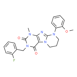 ChemSpider 2D Image | 3-(2-Fluorobenzyl)-9-(2-methoxyphenyl)-1-methyl-6,7,8,9-tetrahydropyrimido[2,1-f]purine-2,4(1H,3H)-dione | C23H22FN5O3
