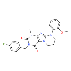 ChemSpider 2D Image | 3-(4-Fluorobenzyl)-9-(2-methoxyphenyl)-1-methyl-6,7,8,9-tetrahydropyrimido[2,1-f]purine-2,4(1H,3H)-dione | C23H22FN5O3