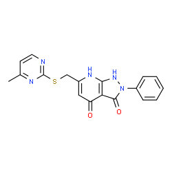 ChemSpider 2D Image | 6-{[(4-Methyl-2-pyrimidinyl)sulfanyl]methyl}-2-phenyl-1H-pyrazolo[3,4-b]pyridine-3,4(2H,7H)-dione | C18H15N5O2S