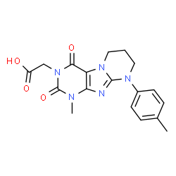 ChemSpider 2D Image | [1-Methyl-9-(4-methylphenyl)-2,4-dioxo-1,4,6,7,8,9-hexahydropyrimido[2,1-f]purin-3(2H)-yl]acetic acid | C18H19N5O4