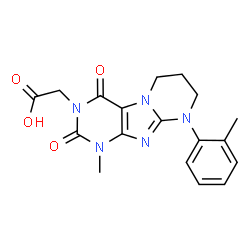 ChemSpider 2D Image | [1-Methyl-9-(2-methylphenyl)-2,4-dioxo-1,4,6,7,8,9-hexahydropyrimido[2,1-f]purin-3(2H)-yl]acetic acid | C18H19N5O4