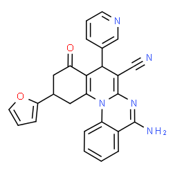 ChemSpider 2D Image | 5-Amino-11-(2-furyl)-9-oxo-8-(pyridin-3-yl)-9,10,11,12-tetrahydro-8H-quino[1,2-a]quinazoline-7-carbonitrile | C26H19N5O2