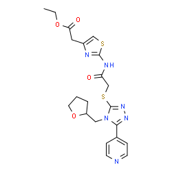 ChemSpider 2D Image | Ethyl {2-[({[5-(4-pyridinyl)-4-(tetrahydro-2-furanylmethyl)-4H-1,2,4-triazol-3-yl]sulfanyl}acetyl)amino]-1,3-thiazol-4-yl}acetate | C21H24N6O4S2