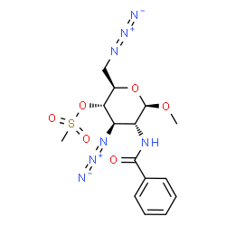 ChemSpider 2D Image | Methyl 3,6-diazido-2-(benzoylamino)-2,3,6-trideoxy-4-O-(methylsulfonyl)-beta-D-glucopyranoside | C15H19N7O6S