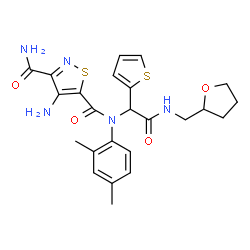 ChemSpider 2D Image | 4-Amino-N~5~-(2,4-dimethylphenyl)-N~5~-{2-oxo-2-[(tetrahydro-2-furanylmethyl)amino]-1-(2-thienyl)ethyl}-1,2-thiazole-3,5-dicarboxamide | C24H27N5O4S2