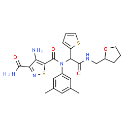 ChemSpider 2D Image | 4-Amino-N~5~-(3,5-dimethylphenyl)-N~5~-{2-oxo-2-[(tetrahydro-2-furanylmethyl)amino]-1-(2-thienyl)ethyl}-1,2-thiazole-3,5-dicarboxamide | C24H27N5O4S2