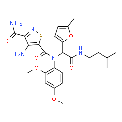 ChemSpider 2D Image | 4-Amino-N~5~-(2,4-dimethoxyphenyl)-N~5~-{2-[(3-methylbutyl)amino]-1-(5-methyl-2-furyl)-2-oxoethyl}-1,2-thiazole-3,5-dicarboxamide | C25H31N5O6S