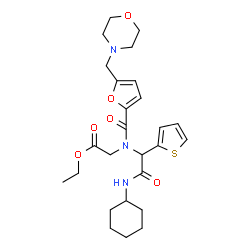ChemSpider 2D Image | Ethyl N-[2-(cyclohexylamino)-2-oxo-1-(2-thienyl)ethyl]-N-[5-(4-morpholinylmethyl)-2-furoyl]glycinate | C26H35N3O6S