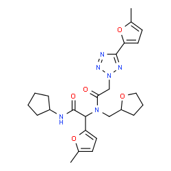 ChemSpider 2D Image | N-[2-(Cyclopentylamino)-1-(5-methyl-2-furyl)-2-oxoethyl]-2-[5-(5-methyl-2-furyl)-2H-tetrazol-2-yl]-N-(tetrahydro-2-furanylmethyl)acetamide | C25H32N6O5