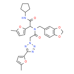 ChemSpider 2D Image | N-(1,3-Benzodioxol-5-ylmethyl)-N-[2-(cyclopentylamino)-1-(5-methyl-2-furyl)-2-oxoethyl]-2-[5-(5-methyl-2-furyl)-2H-tetrazol-2-yl]acetamide | C28H30N6O6