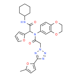 ChemSpider 2D Image | N-[2-(Cyclohexylamino)-1-(2-furyl)-2-oxoethyl]-N-(2,3-dihydro-1,4-benzodioxin-6-yl)-2-[5-(5-methyl-2-furyl)-2H-tetrazol-2-yl]acetamide | C28H30N6O6