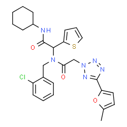 ChemSpider 2D Image | N-(2-Chlorobenzyl)-N-[2-(cyclohexylamino)-2-oxo-1-(2-thienyl)ethyl]-2-[5-(5-methyl-2-furyl)-2H-tetrazol-2-yl]acetamide | C27H29ClN6O3S