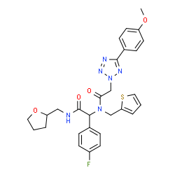 ChemSpider 2D Image | N-{1-(4-Fluorophenyl)-2-oxo-2-[(tetrahydro-2-furanylmethyl)amino]ethyl}-2-[5-(4-methoxyphenyl)-2H-tetrazol-2-yl]-N-(2-thienylmethyl)acetamide | C28H29FN6O4S