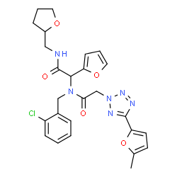 ChemSpider 2D Image | N-(2-Chlorobenzyl)-N-{1-(2-furyl)-2-oxo-2-[(tetrahydro-2-furanylmethyl)amino]ethyl}-2-[5-(5-methyl-2-furyl)-2H-tetrazol-2-yl]acetamide | C26H27ClN6O5