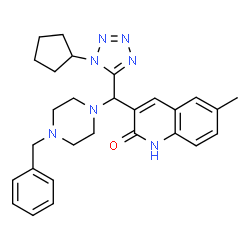 ChemSpider 2D Image | 3-[(4-Benzyl-1-piperazinyl)(1-cyclopentyl-1H-tetrazol-5-yl)methyl]-6-methyl-2(1H)-quinolinone | C28H33N7O
