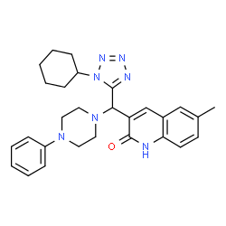 ChemSpider 2D Image | 3-[(1-Cyclohexyl-1H-tetrazol-5-yl)(4-phenyl-1-piperazinyl)methyl]-6-methyl-2(1H)-quinolinone | C28H33N7O