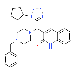 ChemSpider 2D Image | 3-[(4-Benzyl-1-piperazinyl)(1-cyclopentyl-1H-tetrazol-5-yl)methyl]-8-methyl-2(1H)-quinolinone | C28H33N7O