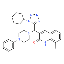 ChemSpider 2D Image | 3-[(1-Cyclohexyl-1H-tetrazol-5-yl)(4-phenyl-1-piperazinyl)methyl]-8-methyl-2(1H)-quinolinone | C28H33N7O