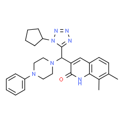 ChemSpider 2D Image | 3-[(1-Cyclopentyl-1H-tetrazol-5-yl)(4-phenyl-1-piperazinyl)methyl]-7,8-dimethyl-2(1H)-quinolinone | C28H33N7O