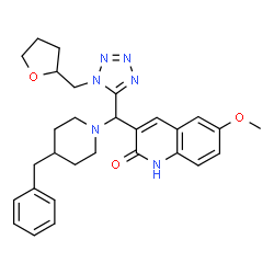 ChemSpider 2D Image | 3-{(4-Benzyl-1-piperidinyl)[1-(tetrahydro-2-furanylmethyl)-1H-tetrazol-5-yl]methyl}-6-methoxy-2(1H)-quinolinone | C29H34N6O3
