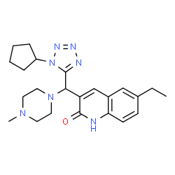 ChemSpider 2D Image | 3-[(1-Cyclopentyl-1H-tetrazol-5-yl)(4-methyl-1-piperazinyl)methyl]-6-ethyl-2(1H)-quinolinone | C23H31N7O