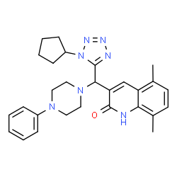 ChemSpider 2D Image | 3-[(1-Cyclopentyl-1H-tetrazol-5-yl)(4-phenyl-1-piperazinyl)methyl]-5,8-dimethyl-2(1H)-quinolinone | C28H33N7O