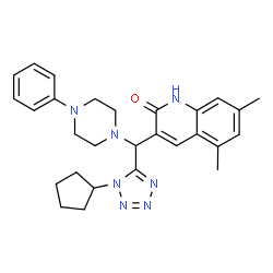 ChemSpider 2D Image | 3-[(1-Cyclopentyl-1H-tetrazol-5-yl)(4-phenyl-1-piperazinyl)methyl]-5,7-dimethyl-2(1H)-quinolinone | C28H33N7O