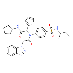 ChemSpider 2D Image | 2-(1H-Benzotriazol-1-yl)-N-[4-(sec-butylsulfamoyl)phenyl]-N-[2-(cyclopentylamino)-2-oxo-1-(2-thienyl)ethyl]acetamide | C29H34N6O4S2