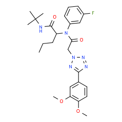 ChemSpider 2D Image | N~2~-{[5-(3,4-Dimethoxyphenyl)-2H-tetrazol-2-yl]acetyl}-N~2~-(3-fluorophenyl)-N-(2-methyl-2-propanyl)norvalinamide | C26H33FN6O4
