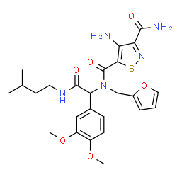ChemSpider 2D Image | 4-Amino-N~5~-{1-(3,4-dimethoxyphenyl)-2-[(3-methylbutyl)amino]-2-oxoethyl}-N~5~-(2-furylmethyl)-1,2-thiazole-3,5-dicarboxamide | C25H31N5O6S