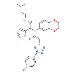 ChemSpider 2D Image | N-(2,3-Dihydro-1,4-benzodioxin-6-yl)-2-[5-(4-fluorophenyl)-2H-tetrazol-2-yl]-N-{2-[(3-methylbutyl)amino]-2-oxo-1-(2-thienyl)ethyl}acetamide | C28H29FN6O4S