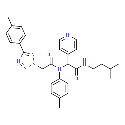 ChemSpider 2D Image | N-{2-[(3-Methylbutyl)amino]-2-oxo-1-(4-pyridinyl)ethyl}-N-(4-methylphenyl)-2-[5-(4-methylphenyl)-2H-tetrazol-2-yl]acetamide | C29H33N7O2