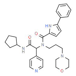 ChemSpider 2D Image | N-[2-(Cyclopentylamino)-2-oxo-1-(4-pyridinyl)ethyl]-N-[3-(4-morpholinyl)propyl]-5-phenyl-1H-pyrrole-2-carboxamide | C30H37N5O3