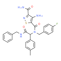 ChemSpider 2D Image | 4-Amino-N~5~-[2-(benzylamino)-1-(4-methylphenyl)-2-oxoethyl]-N~5~-(4-fluorobenzyl)-1,2-thiazole-3,5-dicarboxamide | C28H26FN5O3S