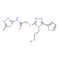 ChemSpider 2D Image | 2-{[5-(2-Furyl)-4-(2-methoxyethyl)-4H-1,2,4-triazol-3-yl]sulfanyl}-N-(5-methyl-1,3,4-thiadiazol-2-yl)acetamide | C14H16N6O3S2
