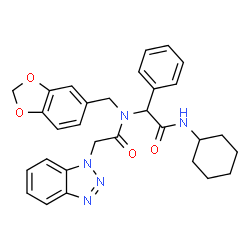 ChemSpider 2D Image | N-(1,3-Benzodioxol-5-ylmethyl)-2-(1H-benzotriazol-1-yl)-N-[2-(cyclohexylamino)-2-oxo-1-phenylethyl]acetamide | C30H31N5O4