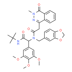 ChemSpider 2D Image | N-(1,3-Benzodioxol-5-ylmethyl)-2-(3-methyl-4-oxo-3,4-dihydro-1-phthalazinyl)-N-{2-[(2-methyl-2-propanyl)amino]-2-oxo-1-(3,4,5-trimethoxyphenyl)ethyl}acetamide | C34H38N4O8