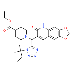 ChemSpider 2D Image | Ethyl 1-{[1-(2-methyl-2-butanyl)-1H-tetrazol-5-yl](6-oxo-5,6-dihydro[1,3]dioxolo[4,5-g]quinolin-7-yl)methyl}-4-piperidinecarboxylate | C25H32N6O5