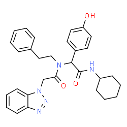 ChemSpider 2D Image | 2-(1H-Benzotriazol-1-yl)-N-[2-(cyclohexylamino)-1-(4-hydroxyphenyl)-2-oxoethyl]-N-(2-phenylethyl)acetamide | C30H33N5O3