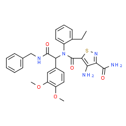 ChemSpider 2D Image | 4-Amino-N~5~-[2-(benzylamino)-1-(3,4-dimethoxyphenyl)-2-oxoethyl]-N~5~-(2-ethylphenyl)-1,2-thiazole-3,5-dicarboxamide | C30H31N5O5S